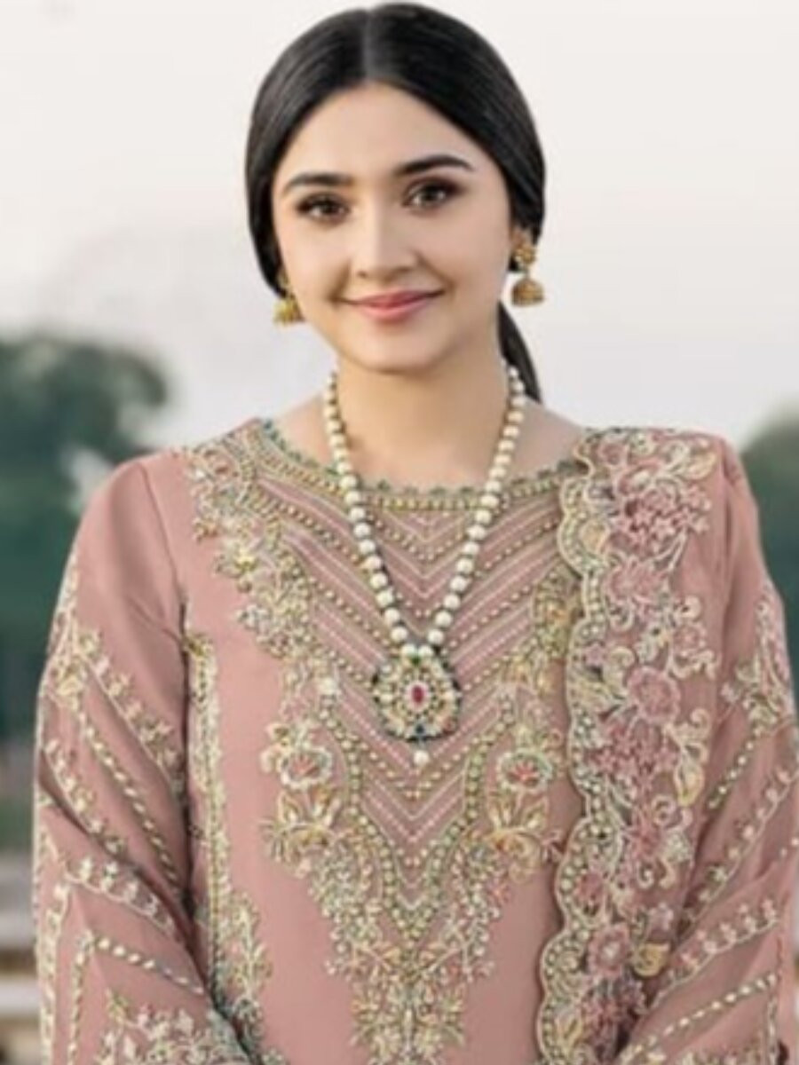 Peach Chiffon Embroidery Zari Sequins Wedding Party Festival Casual Palazzo Pant Salwar Kameez