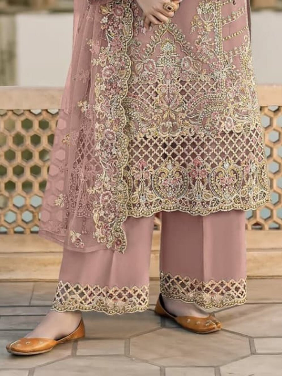 Peach Chiffon Embroidery Zari Sequins Wedding Party Festival Casual Palazzo Pant Salwar Kameez