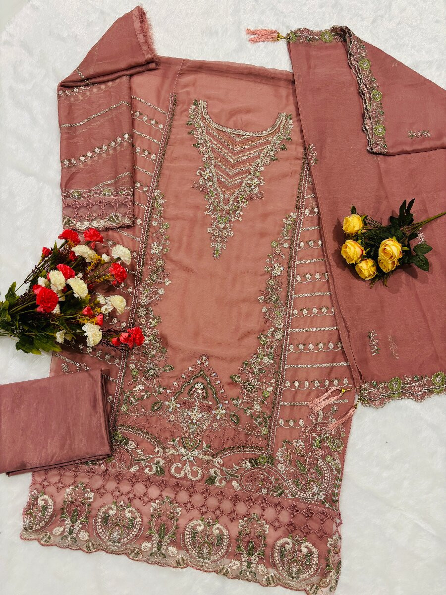 Peach Chiffon Embroidery Zari Sequins Wedding Party Festival Casual Palazzo Pant Salwar Kameez