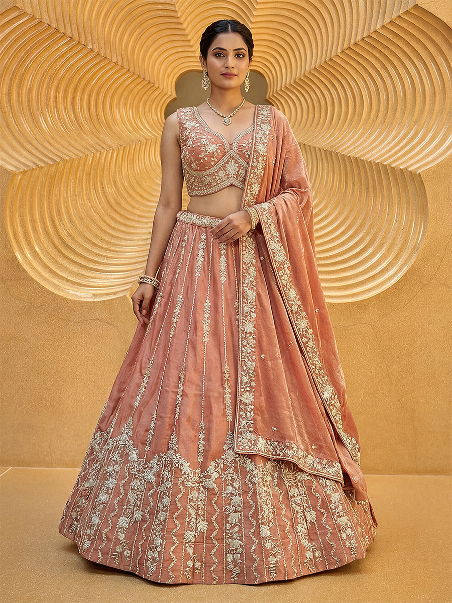 Peach Chiffon Embroidery Zari Sequins Wedding Reception Party Wear Festival Heavy Border Lehenga Choli