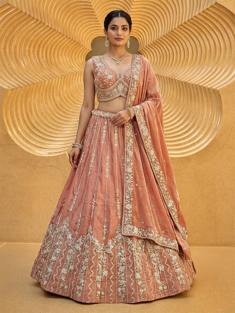 Image of Peach Chiffon Embroidery Zari Sequins Wedding Reception Party Wear Festival Heavy Border Lehenga Choli