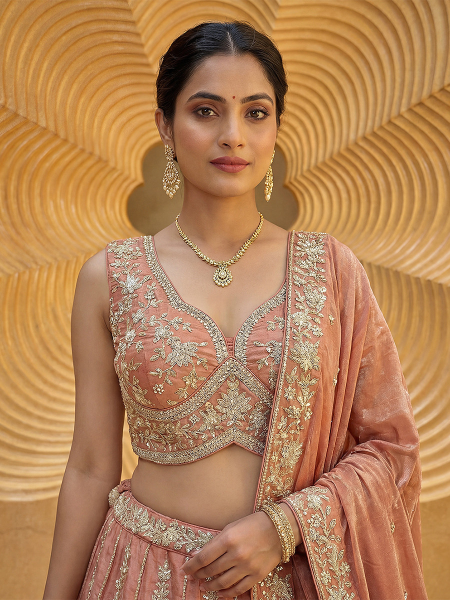 Peach Chiffon Embroidery Zari Sequins Wedding Reception Party Wear Festival Heavy Border Lehenga Choli