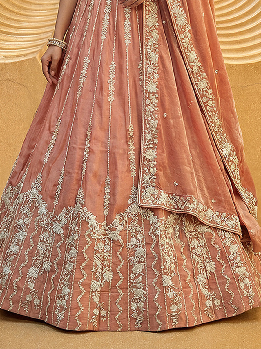 Peach Chiffon Embroidery Zari Sequins Wedding Reception Party Wear Festival Heavy Border Lehenga Choli