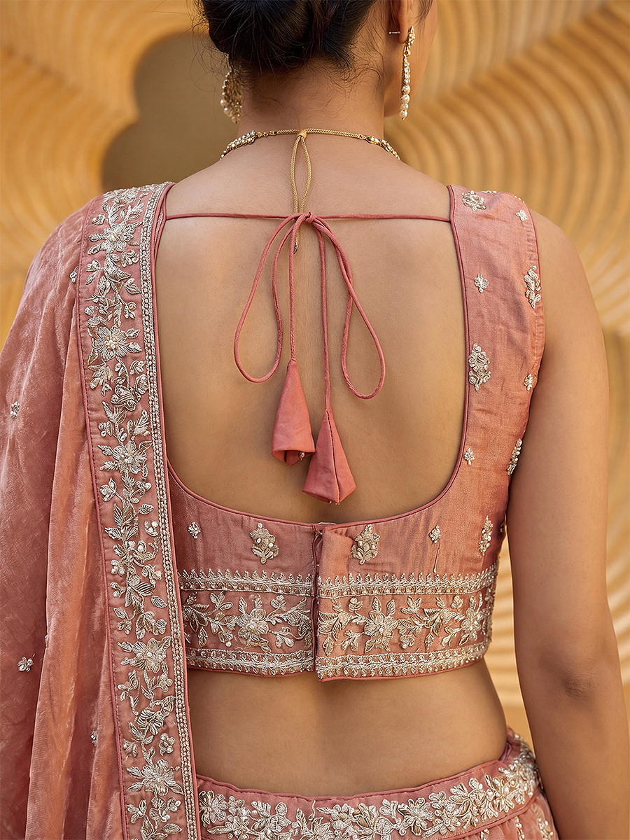 Peach Chiffon Embroidery Zari Sequins Wedding Reception Party Wear Festival Heavy Border Lehenga Choli