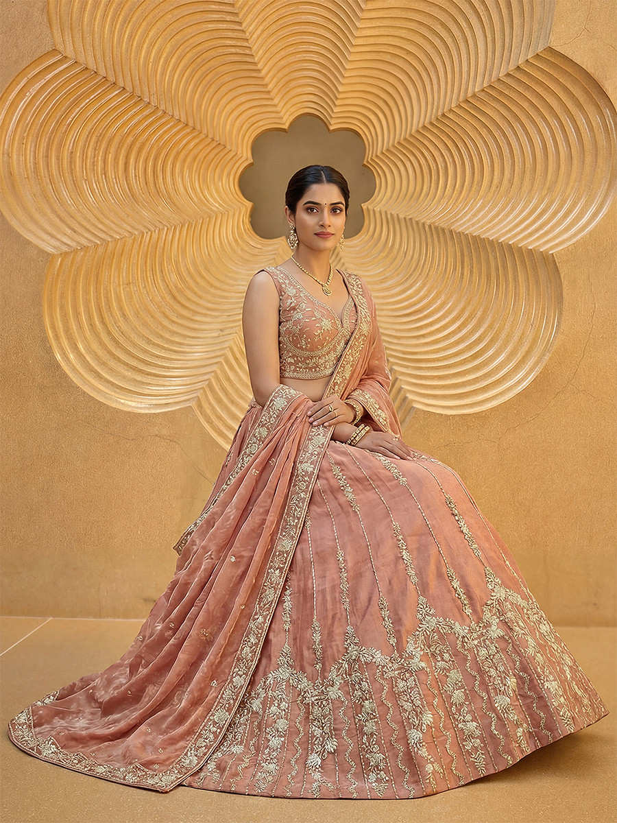 Peach Chiffon Embroidery Zari Sequins Wedding Reception Party Wear Festival Heavy Border Lehenga Choli