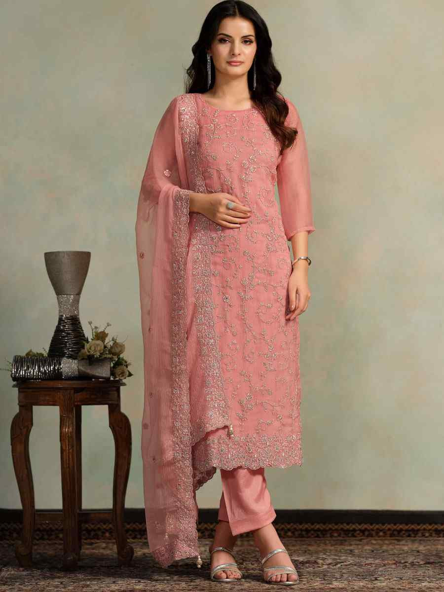 Peach Chiffon Organza Embroidered Festival Wedding Pant Salwar Kameez