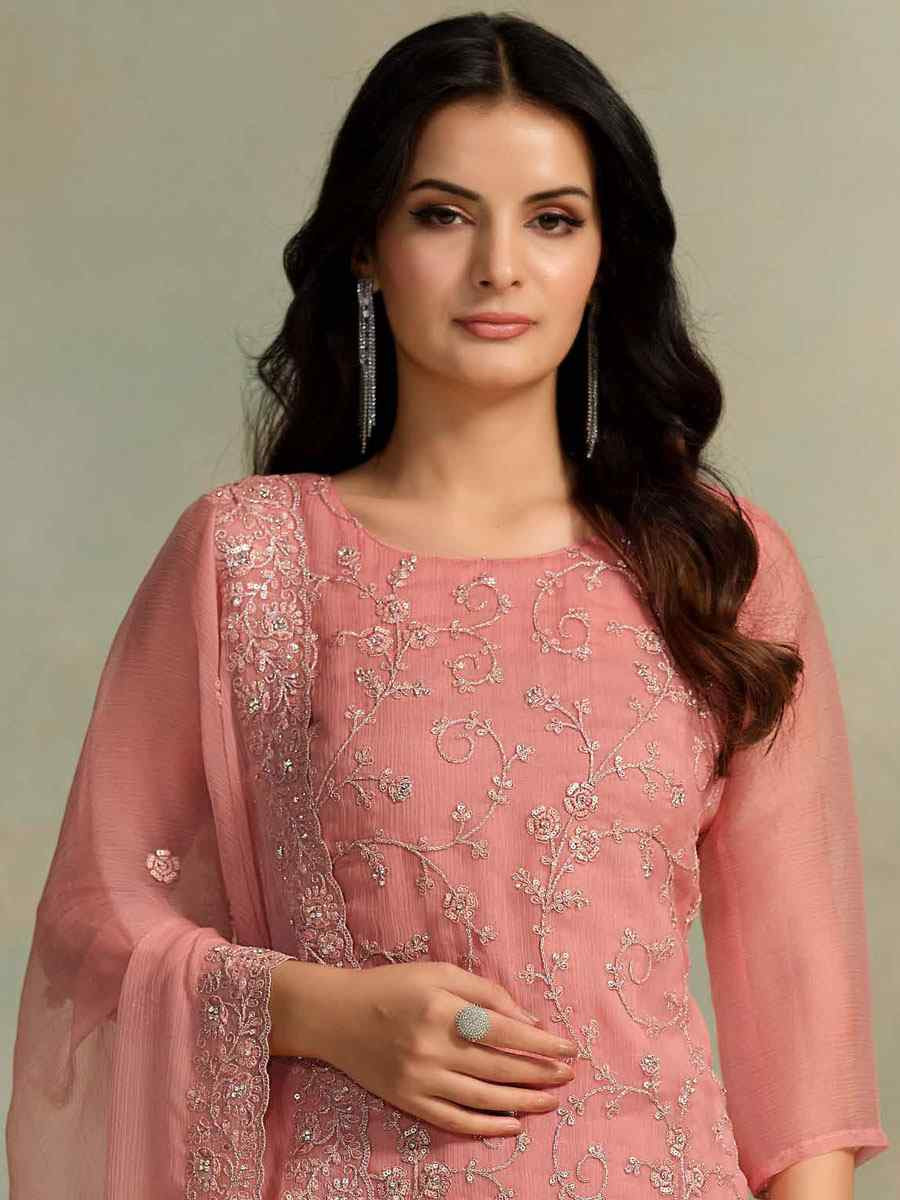 Peach Chiffon Organza Embroidered Festival Wedding Pant Salwar Kameez