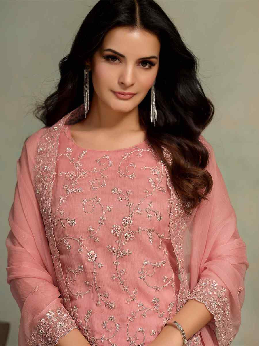 Peach Chiffon Organza Embroidered Festival Wedding Pant Salwar Kameez