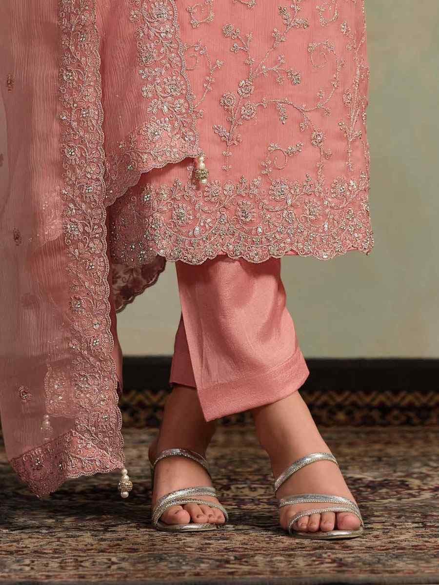 Peach Chiffon Organza Embroidered Festival Wedding Pant Salwar Kameez