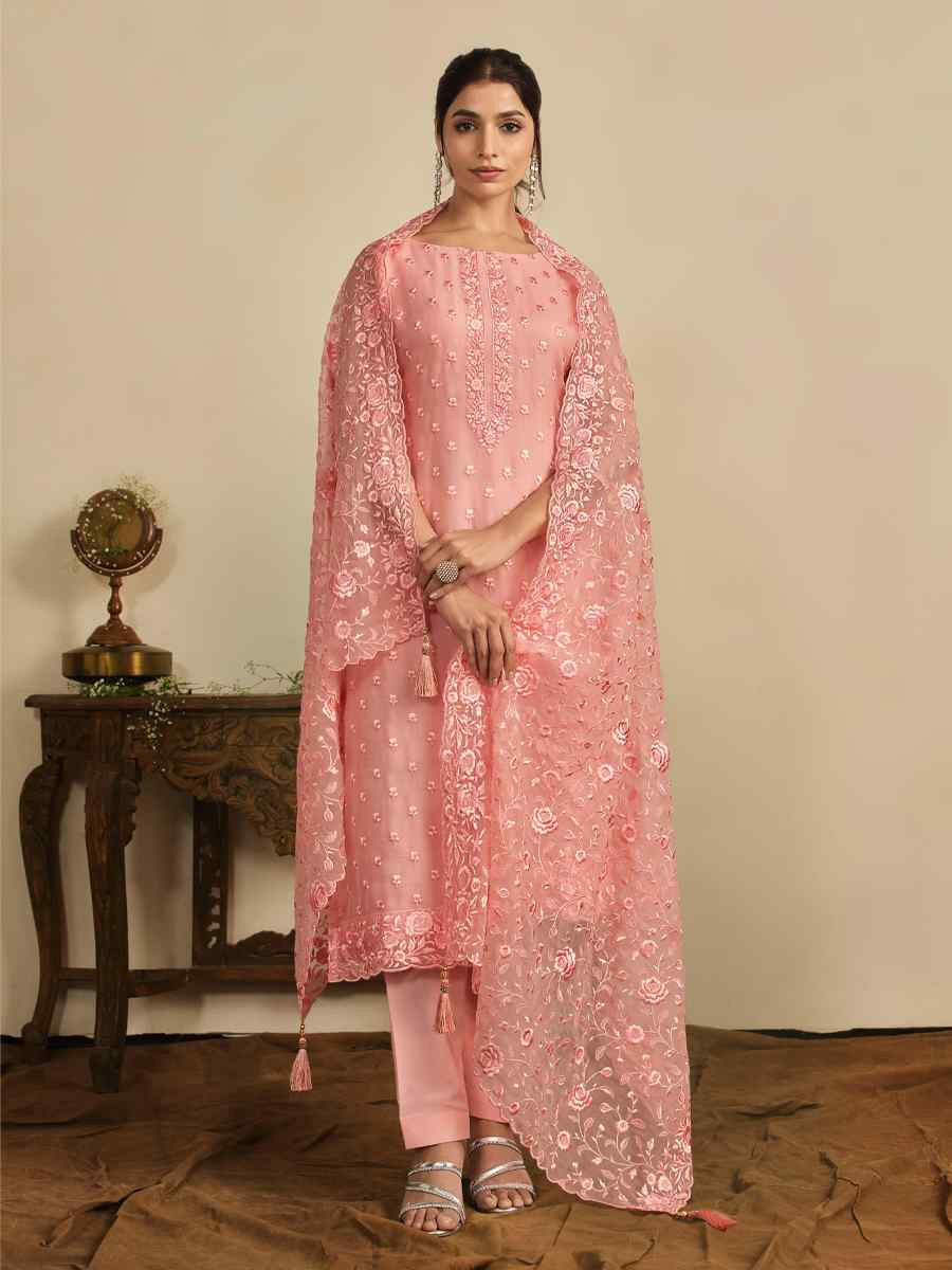Peach Chiffon Organza Embroidered Festival Wedding Pant Salwar Kameez