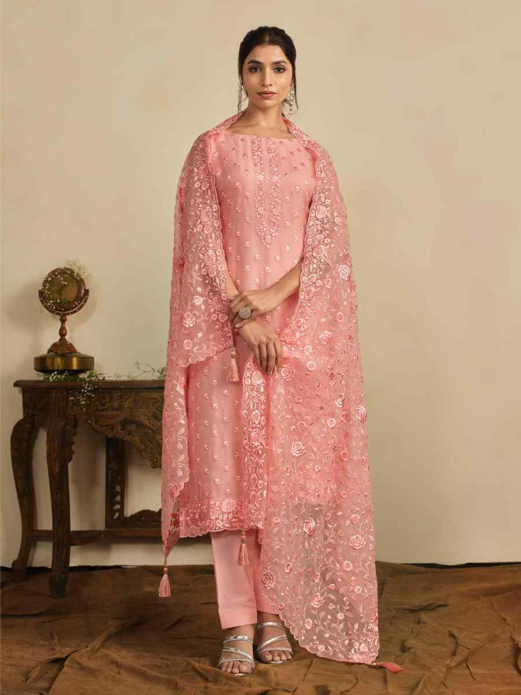 Peach Chiffon Organza Embroidered Festival Wedding Pant Salwar Kameez
