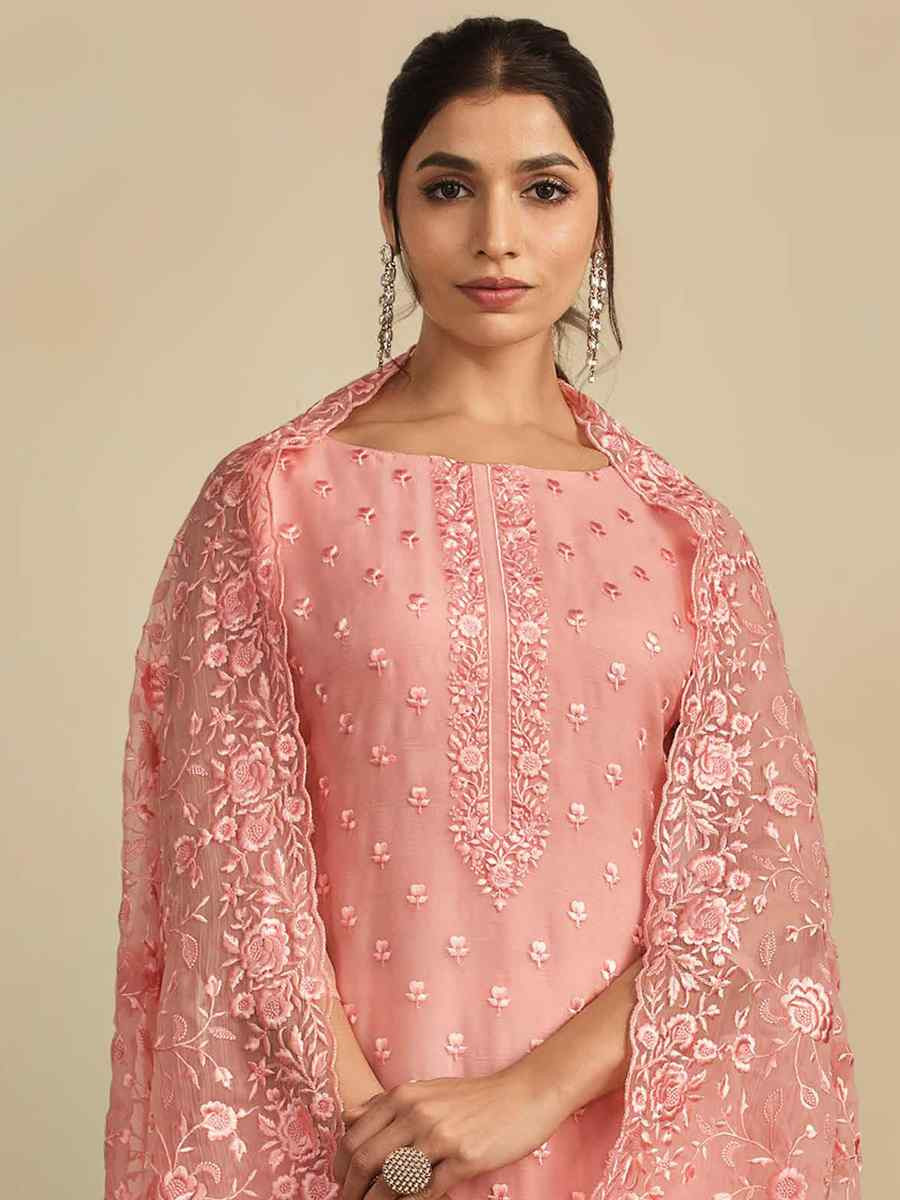 Peach Chiffon Organza Embroidered Festival Wedding Pant Salwar Kameez