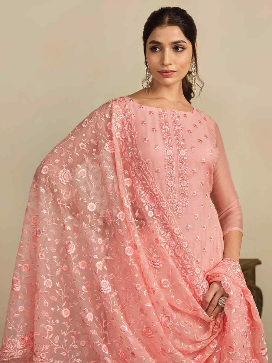 Peach Chiffon Organza Embroidered Festival Wedding Pant Salwar Kameez