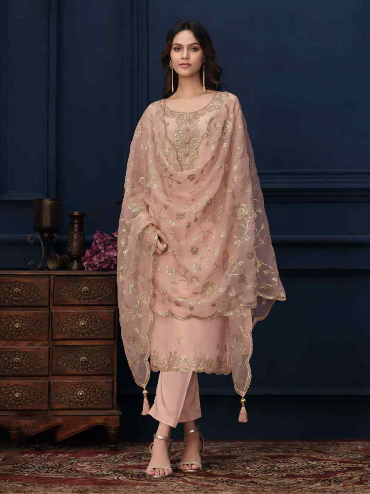 Peach Chiffon Organza Embroidered Festival Wedding Pant Salwar Kameez