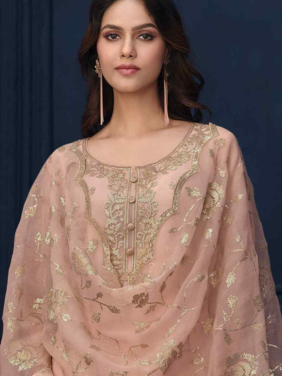 Peach Chiffon Organza Embroidered Festival Wedding Pant Salwar Kameez