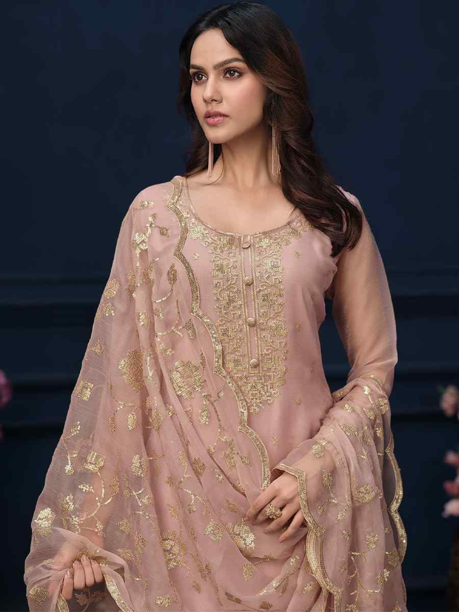 Peach Chiffon Organza Embroidered Festival Wedding Pant Salwar Kameez