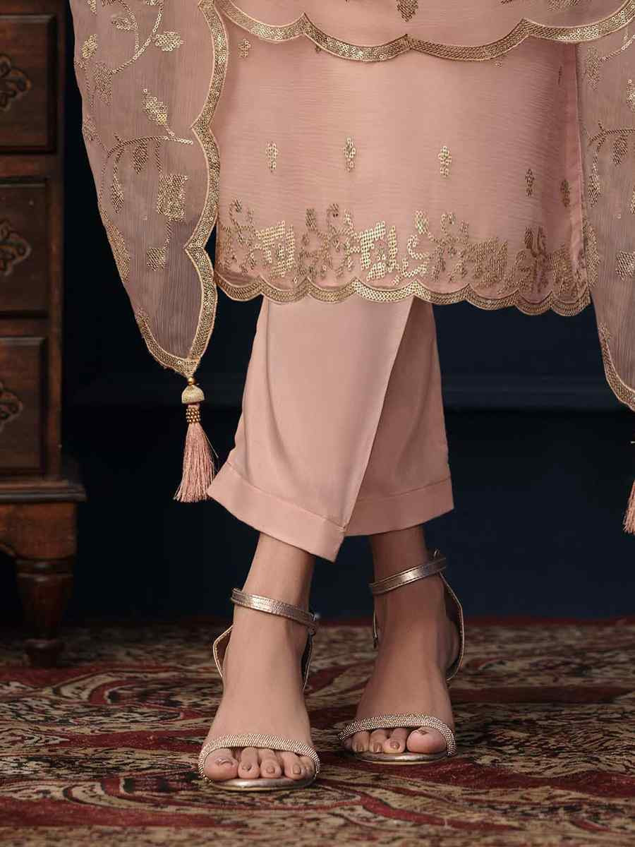 Peach Chiffon Organza Embroidered Festival Wedding Pant Salwar Kameez