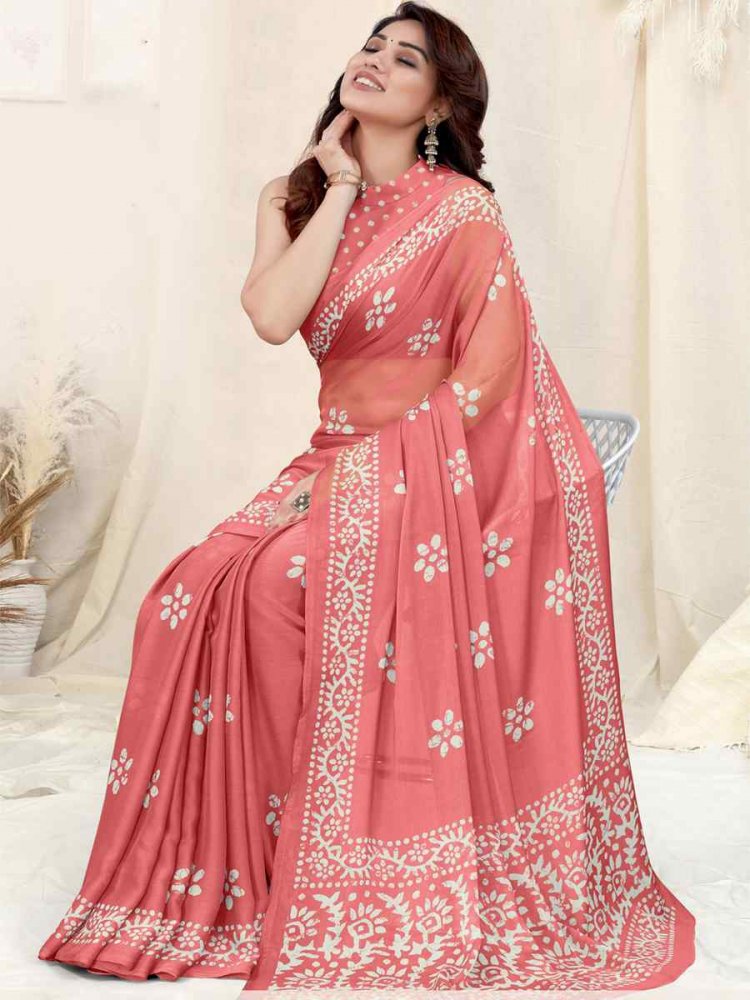 Peach Chinon Chiffon Printed Casual Festival Contemporary Saree