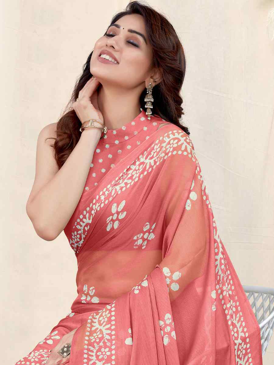 Peach Chinon Chiffon Printed Casual Festival Contemporary Saree