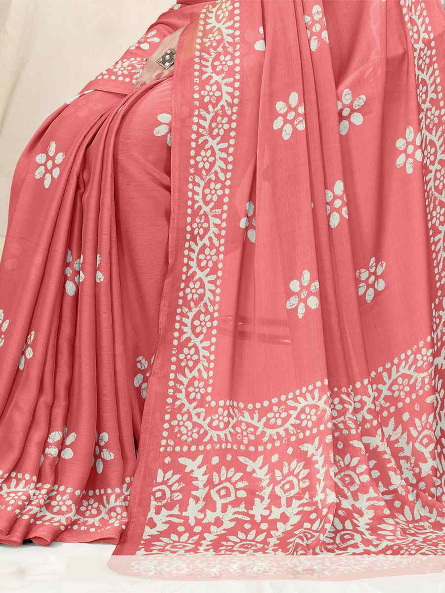 Peach Chinon Chiffon Printed Casual Festival Contemporary Saree