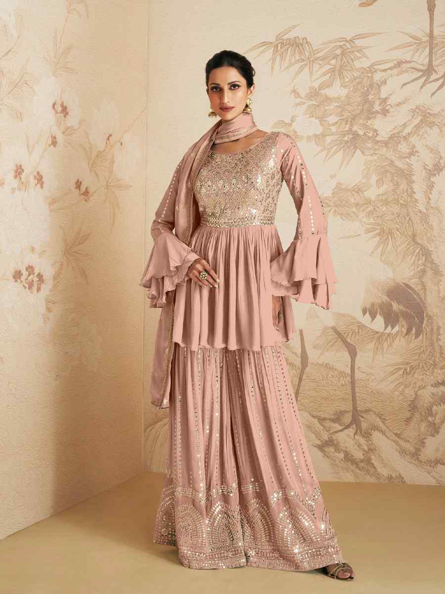 Peach Chinon Crub Embroidered Festival Wedding Palazzo Pant Salwar Kameez