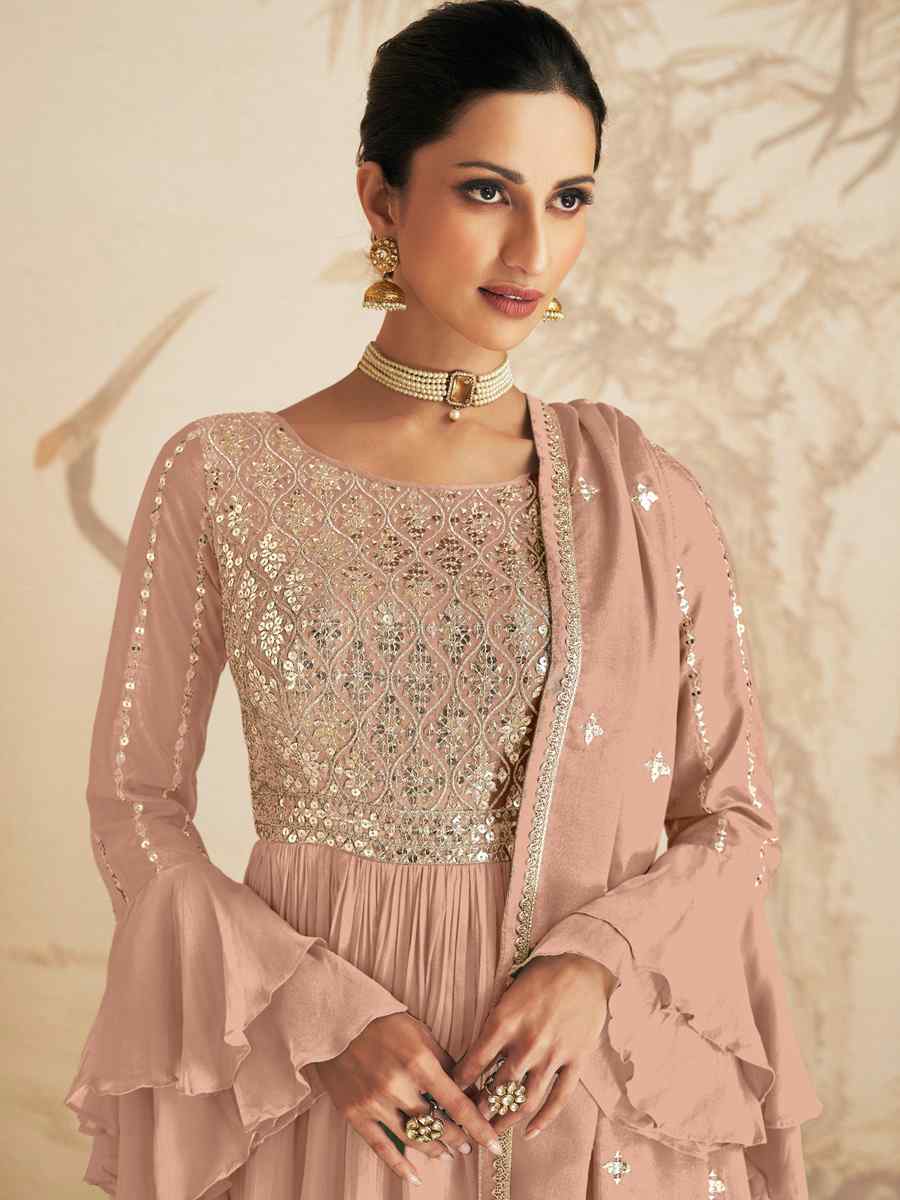 Peach Chinon Crub Embroidered Festival Wedding Palazzo Pant Salwar Kameez