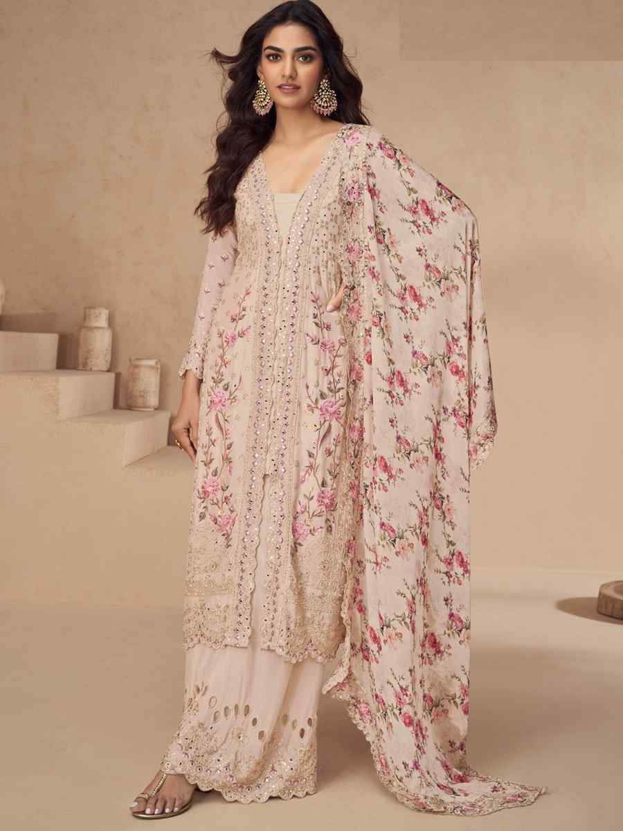 Peach Chinon Silk Embroidered Party Casual Ready Palazzo Pant Salwar Kameez