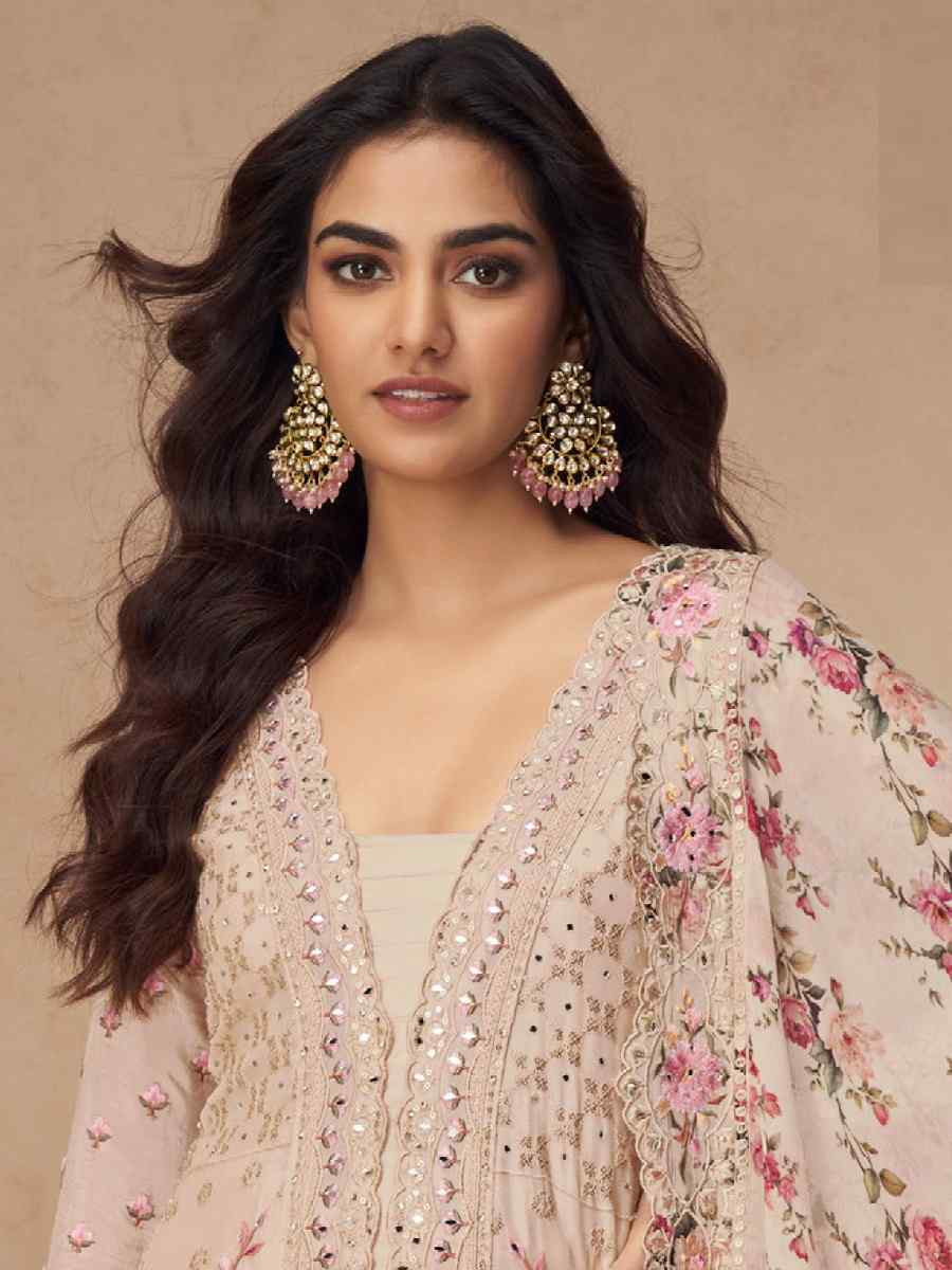 Peach Chinon Silk Embroidered Party Casual Ready Palazzo Pant Salwar Kameez