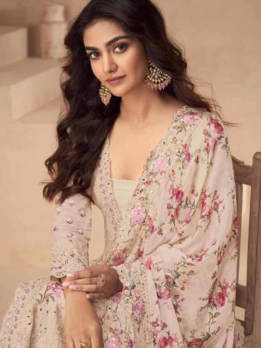 Peach Chinon Silk Embroidered Party Casual Ready Palazzo Pant Salwar Kameez