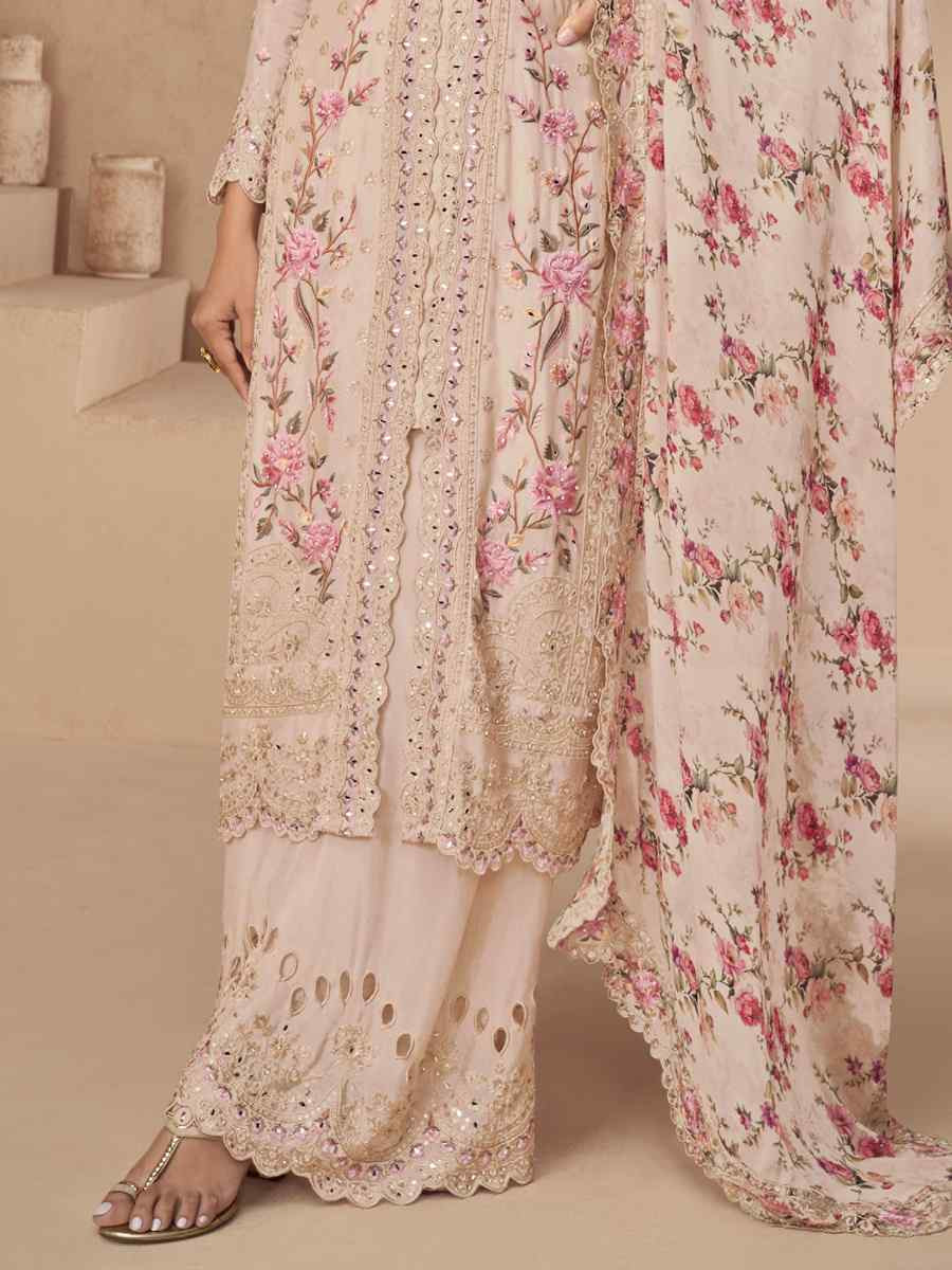 Peach Chinon Silk Embroidered Party Casual Ready Palazzo Pant Salwar Kameez