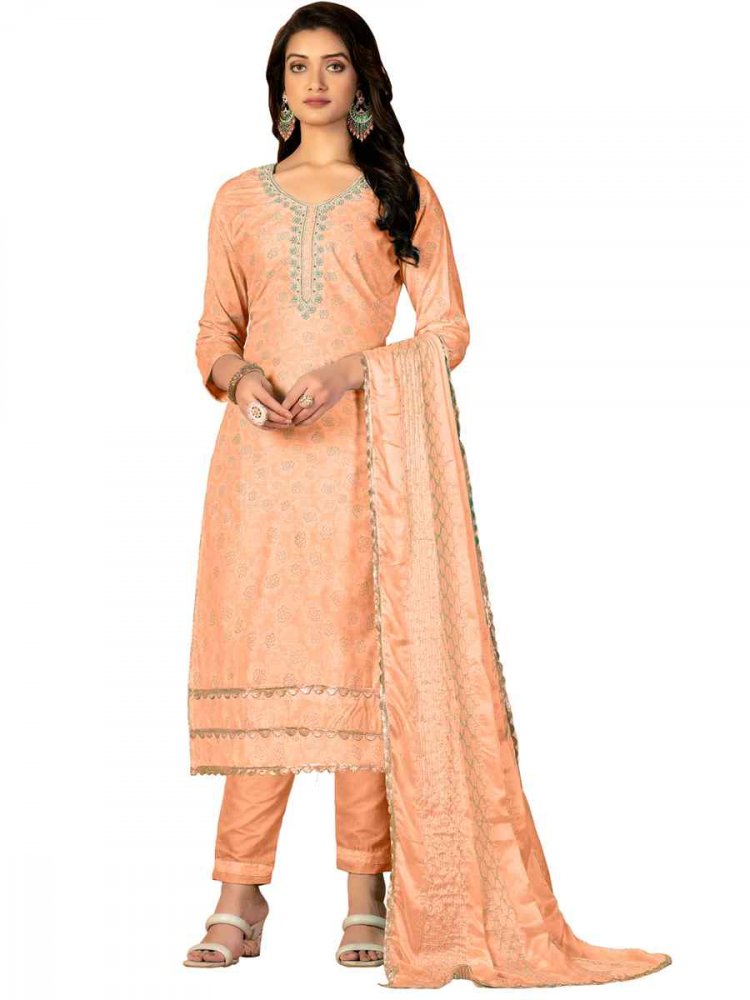 Peach Cotton Embroidered Casual Festival Pant Salwar Kameez