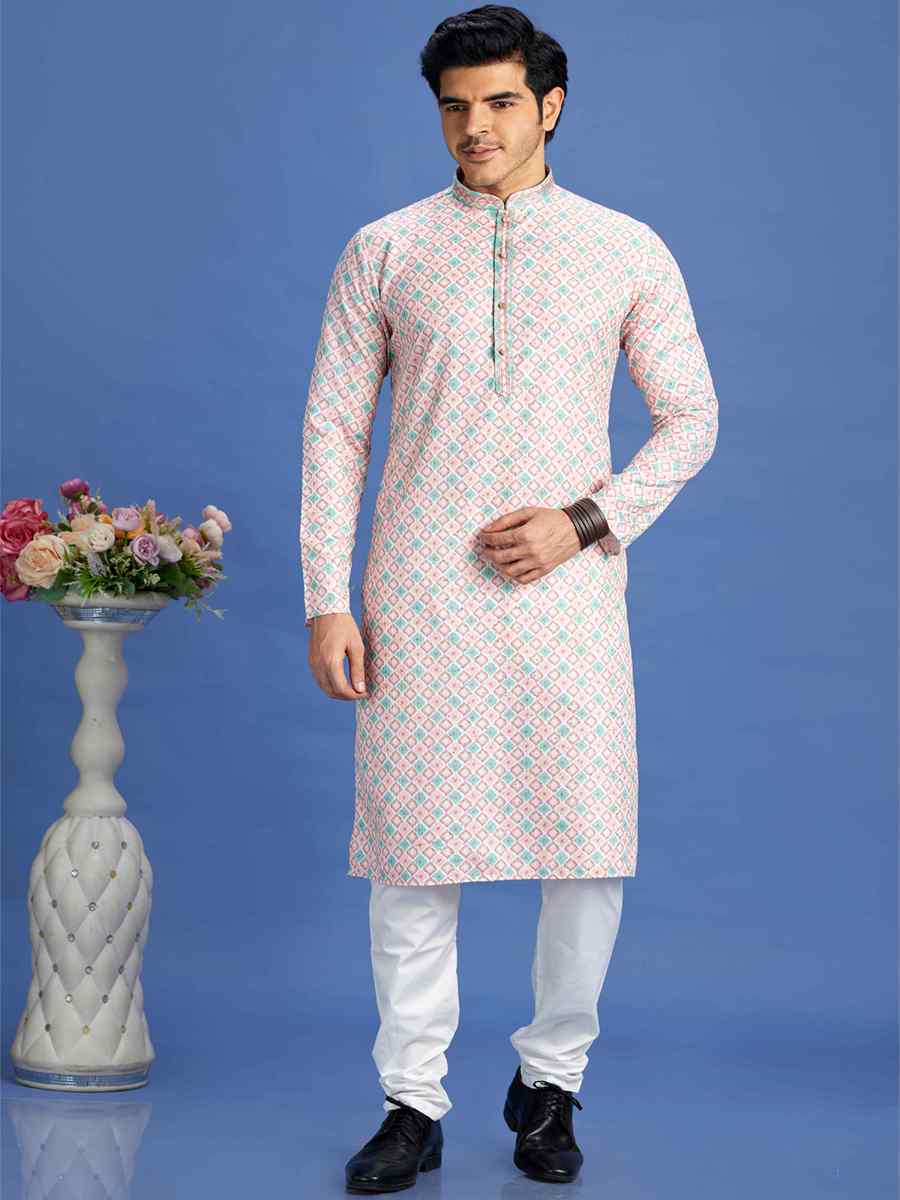 Peach Cotton Embroidered Festival Party Kurta