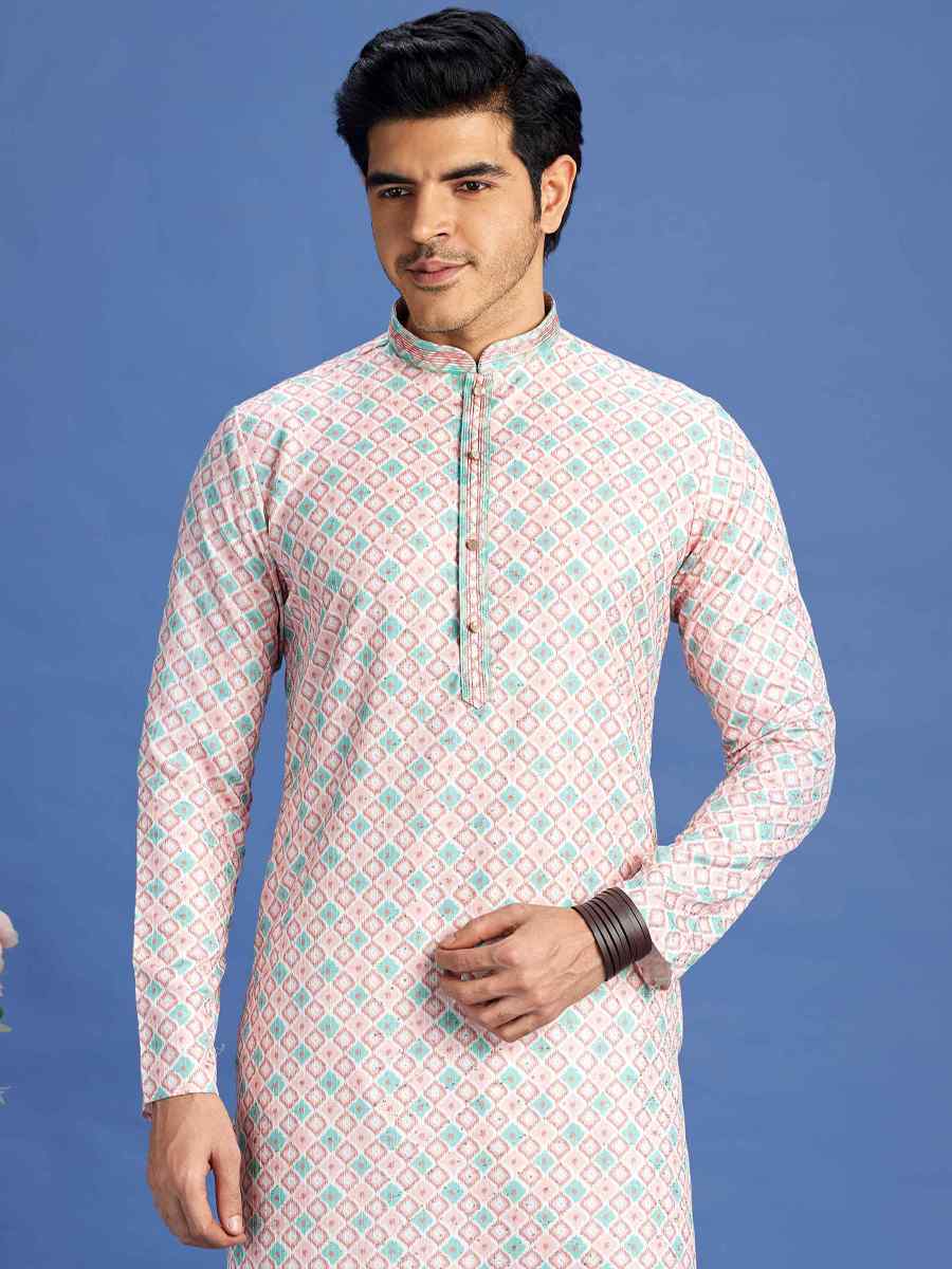 Peach Cotton Embroidered Festival Party Kurta