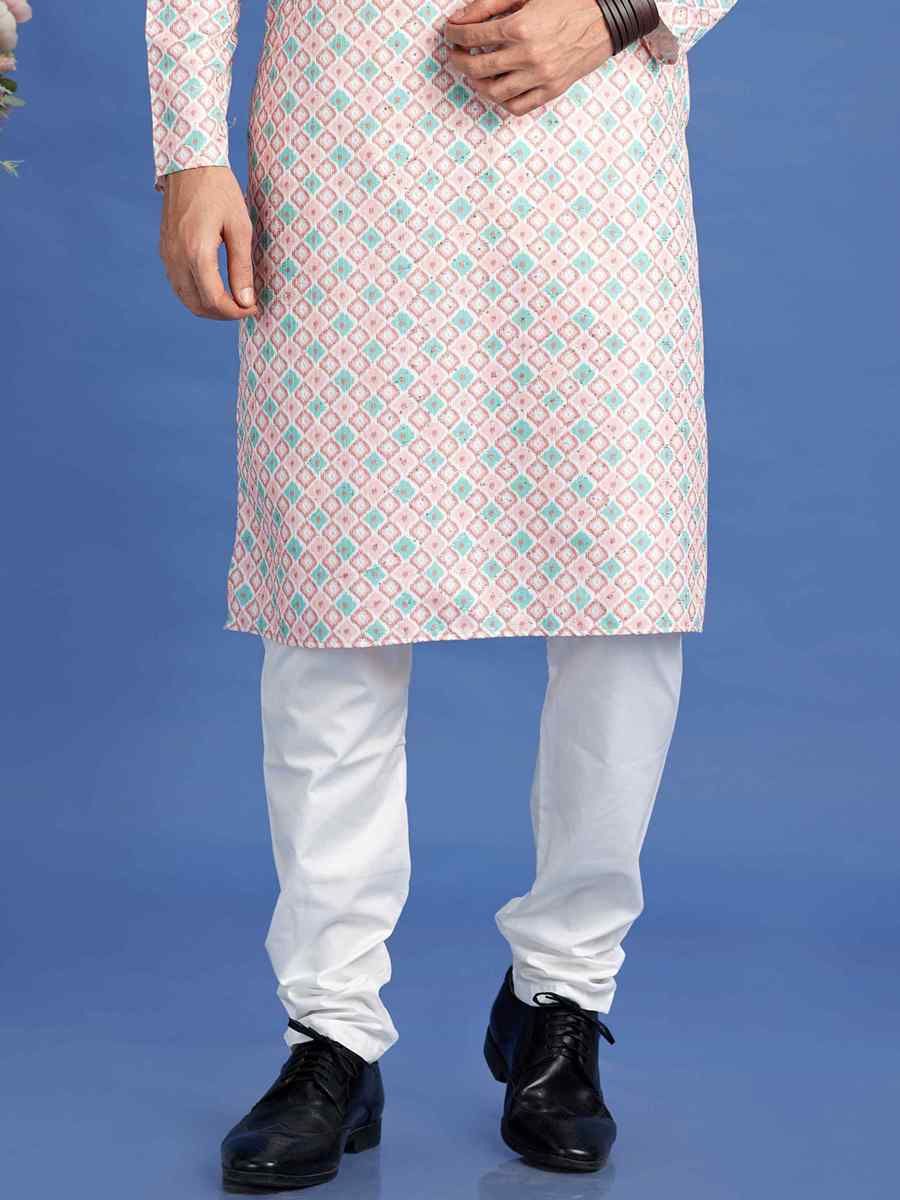 Peach Cotton Embroidered Festival Party Kurta