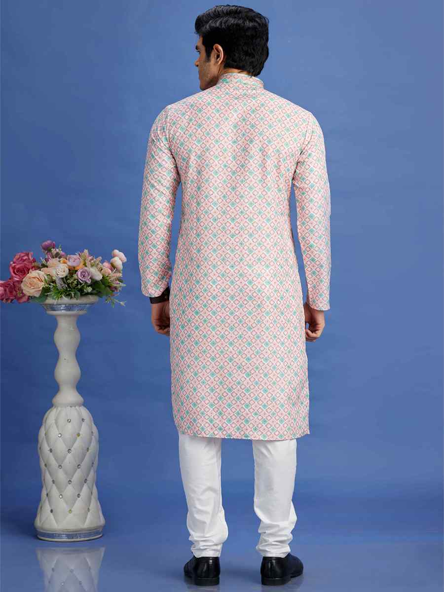 Peach Cotton Embroidered Festival Party Kurta