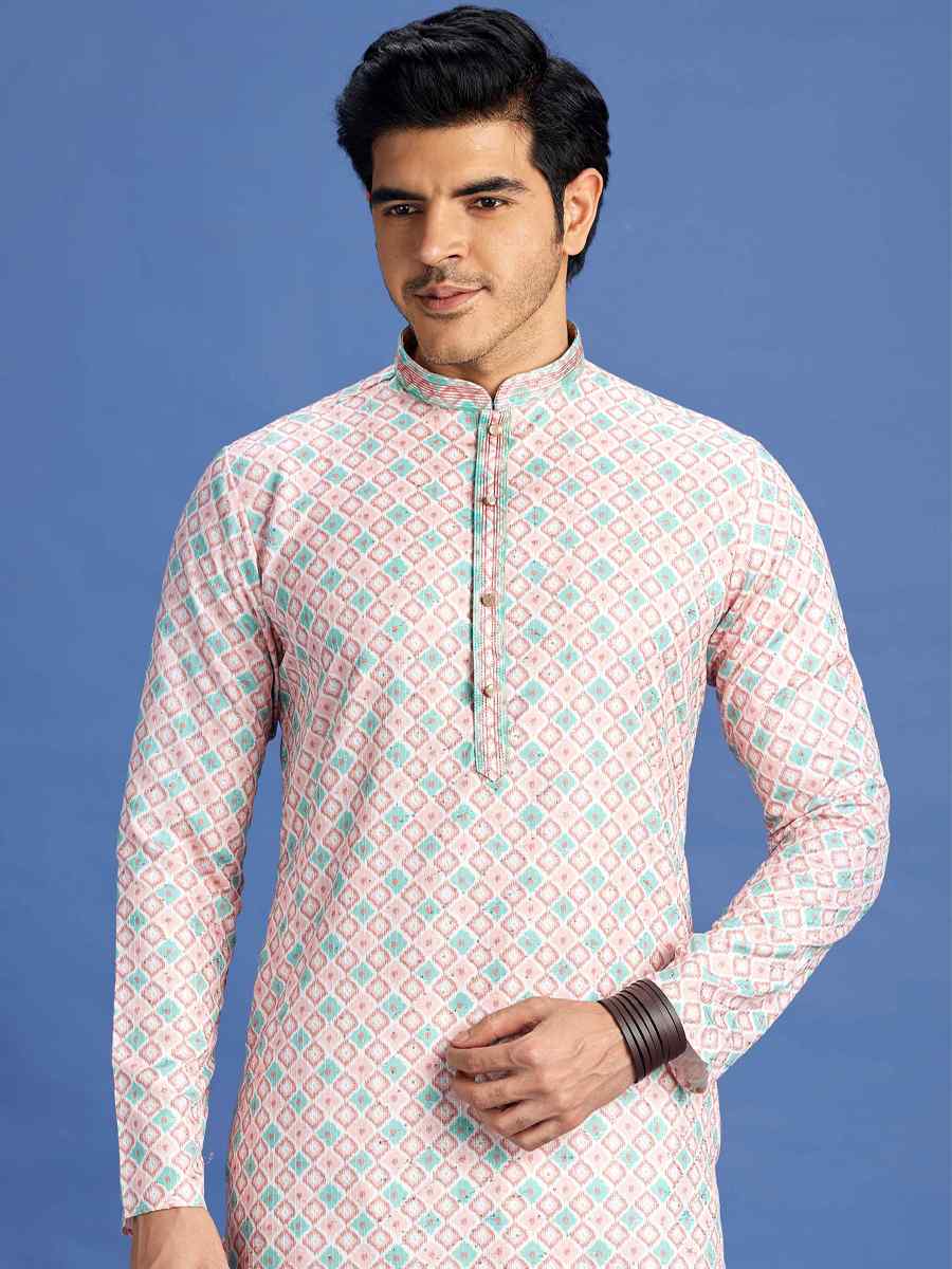 Peach Cotton Embroidered Festival Party Kurta