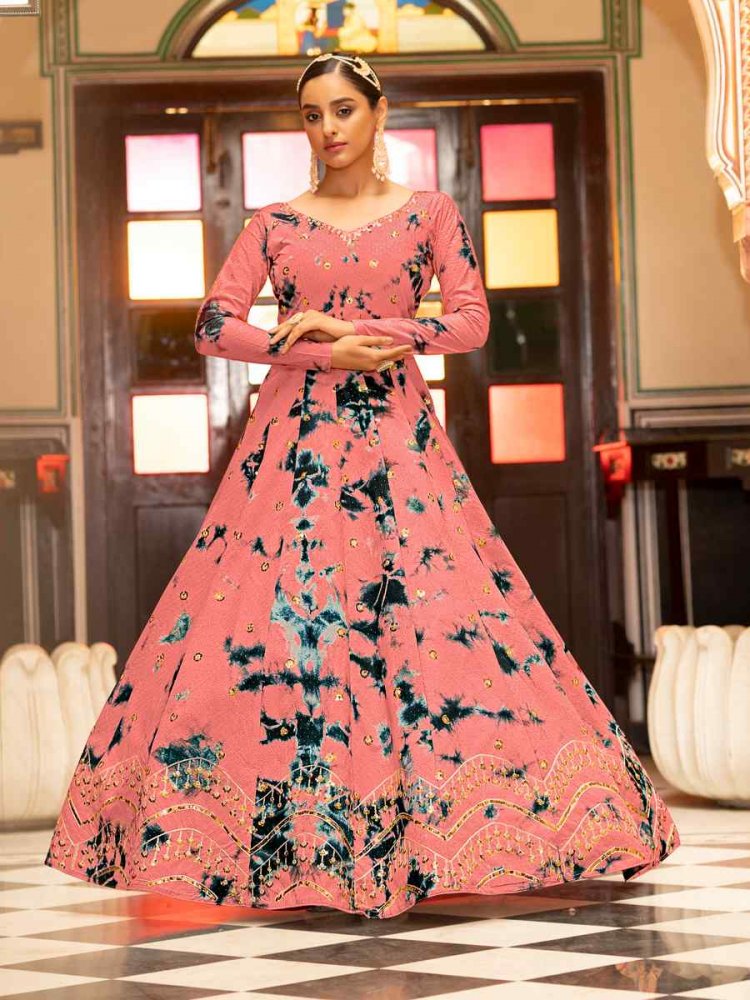 Peach Cotton Embroidered Party Wedding Gown