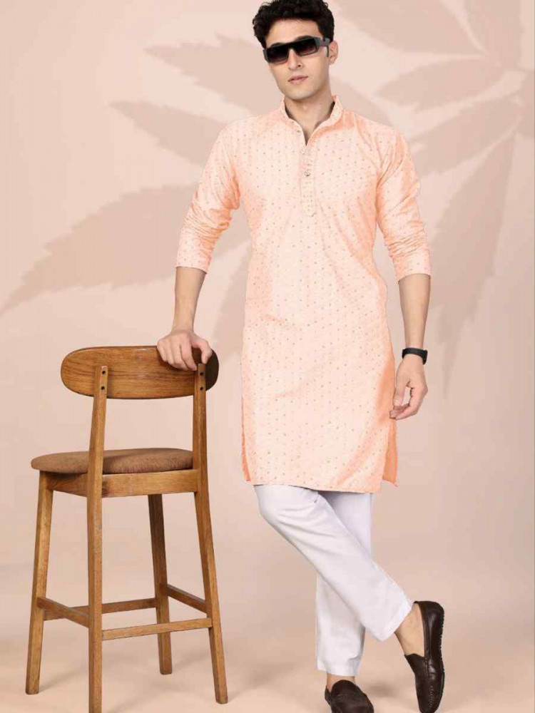 Image of Peach Cotton Embroidery Festival Wedding Party Mens Kurta