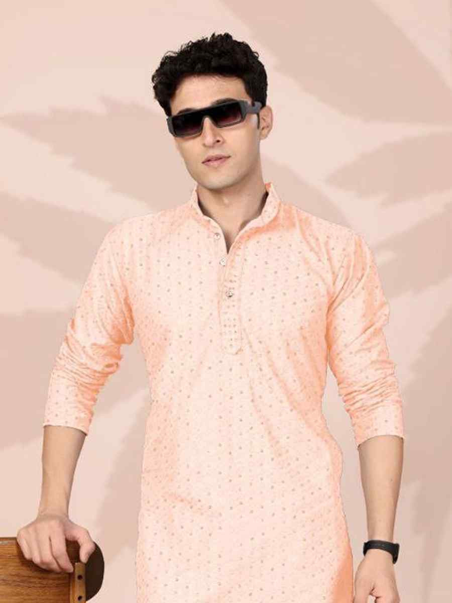 Peach Cotton Embroidery Festival Wedding Party Mens Kurta