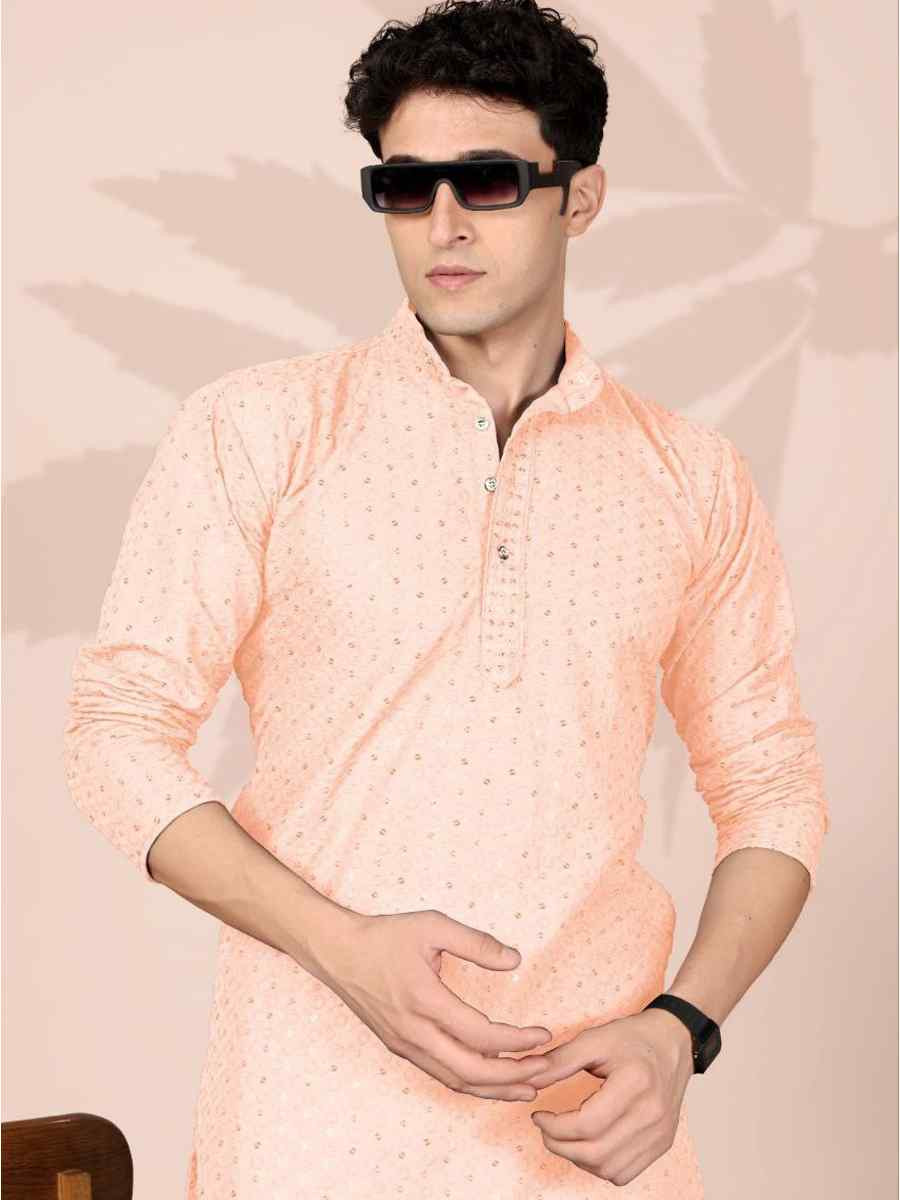 Peach Cotton Embroidery Festival Wedding Party Mens Kurta