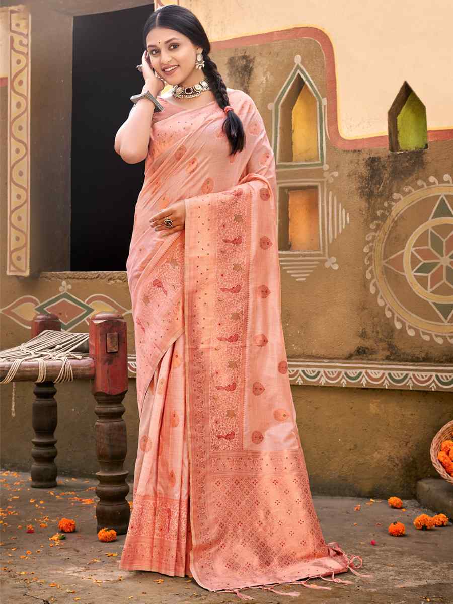 Peach Cotton Handwoven Wedding Festival Heavy Border Saree