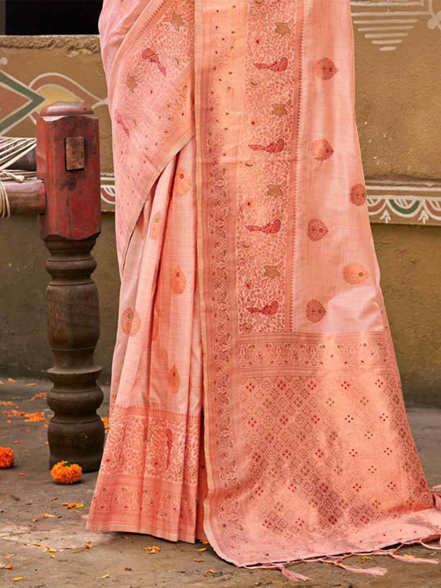 Peach Cotton Handwoven Wedding Festival Heavy Border Saree