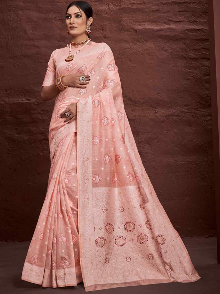 Peach Cotton Handwoven Wedding Festival Heavy Border Saree