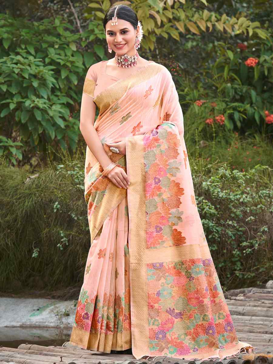 Peach Cotton Handwoven Wedding Festival Heavy Border Saree