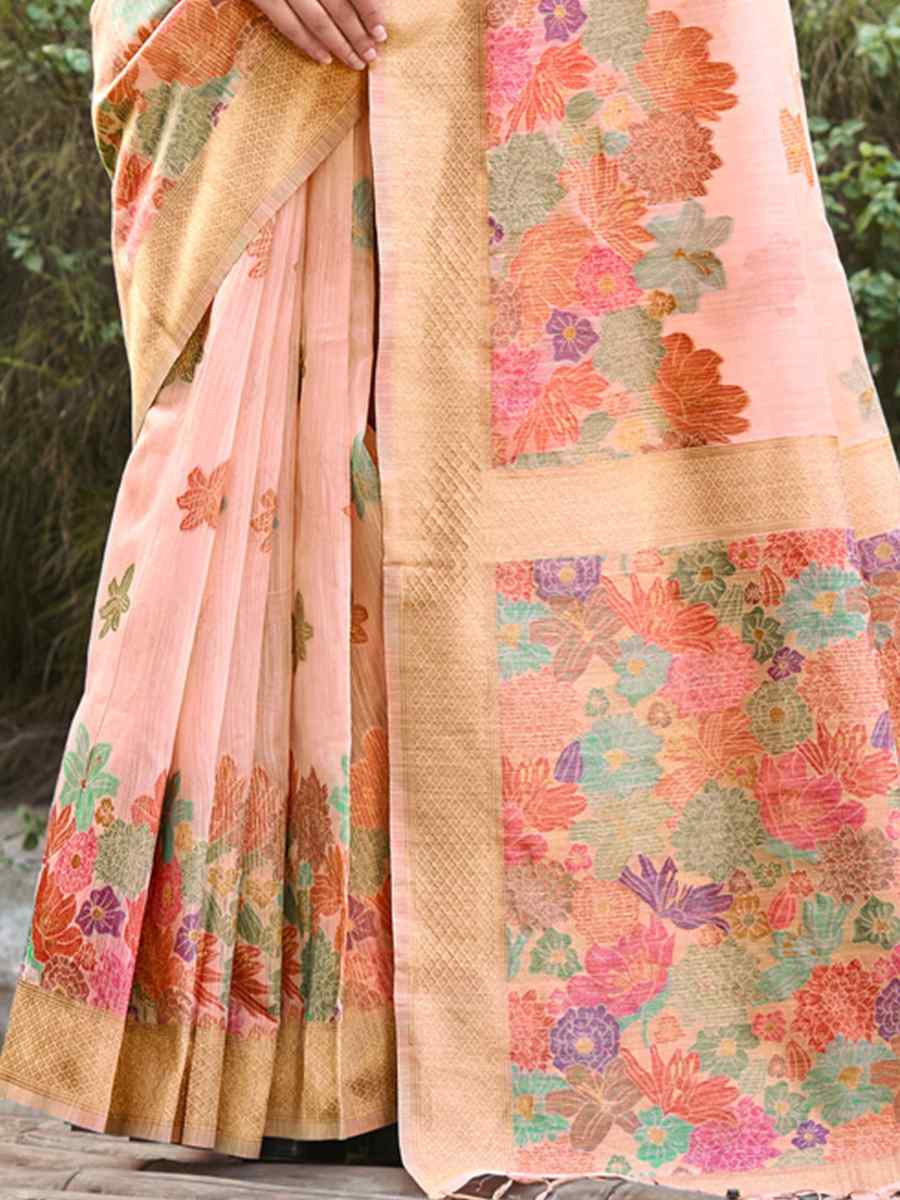 Peach Cotton Handwoven Wedding Festival Heavy Border Saree