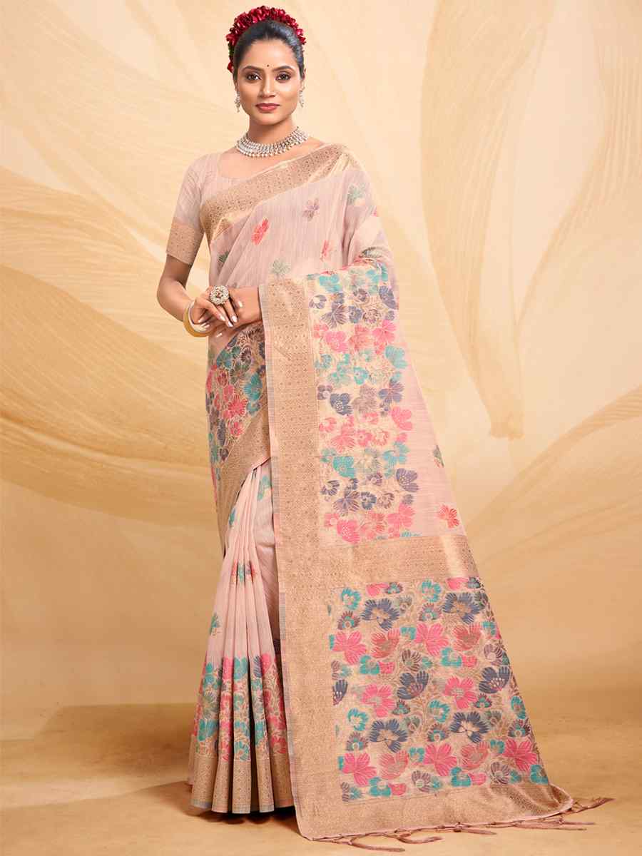 Peach Cotton Handwoven Wedding Festival Heavy Border Saree