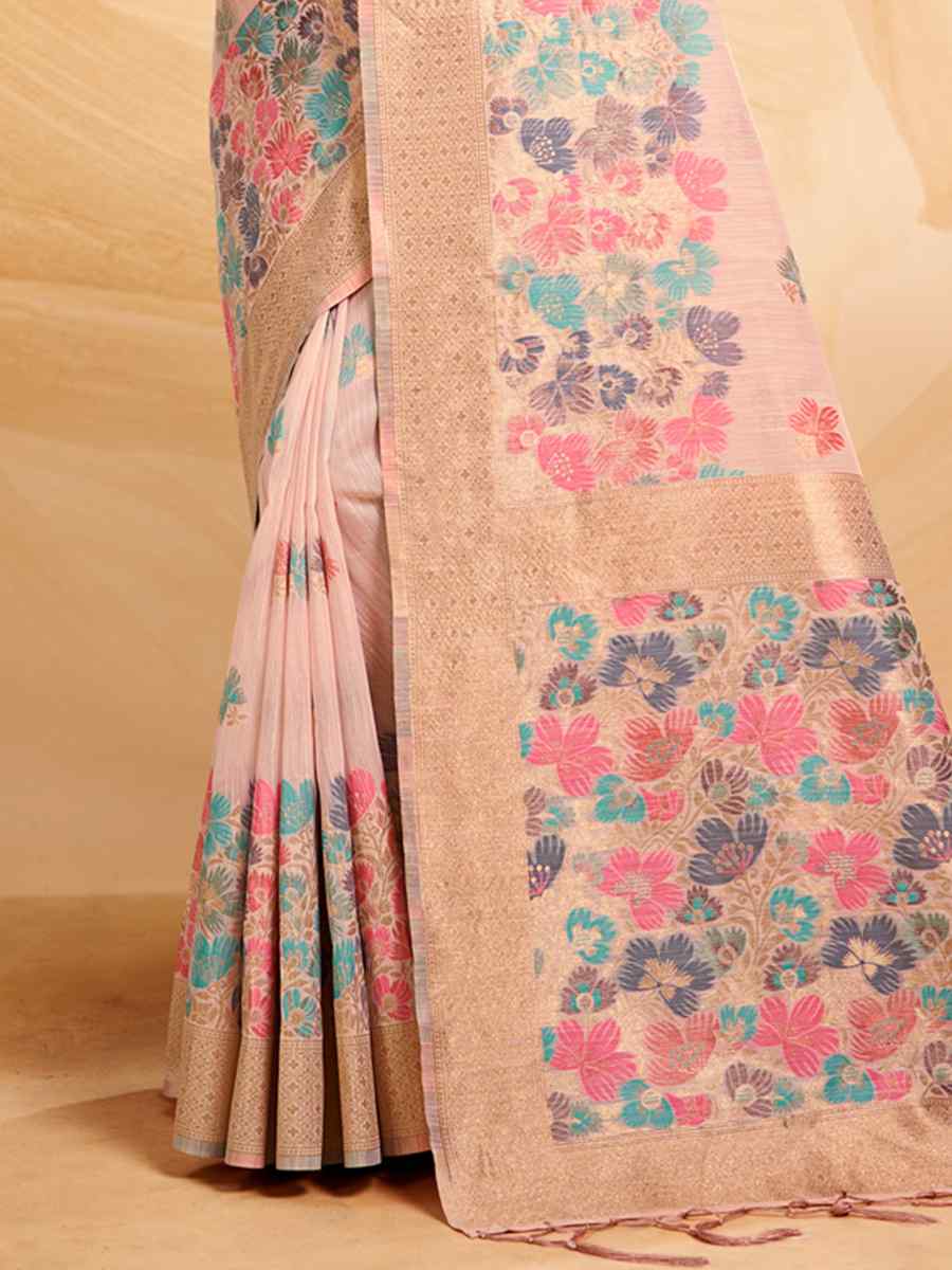 Peach Cotton Handwoven Wedding Festival Heavy Border Saree