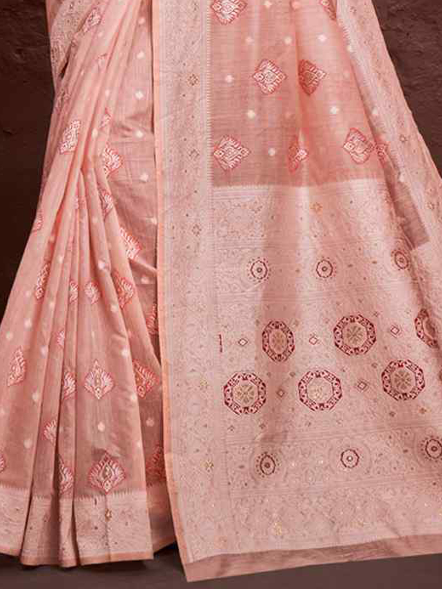 Peach Cotton Handwoven Wedding Festival Heavy Border Saree
