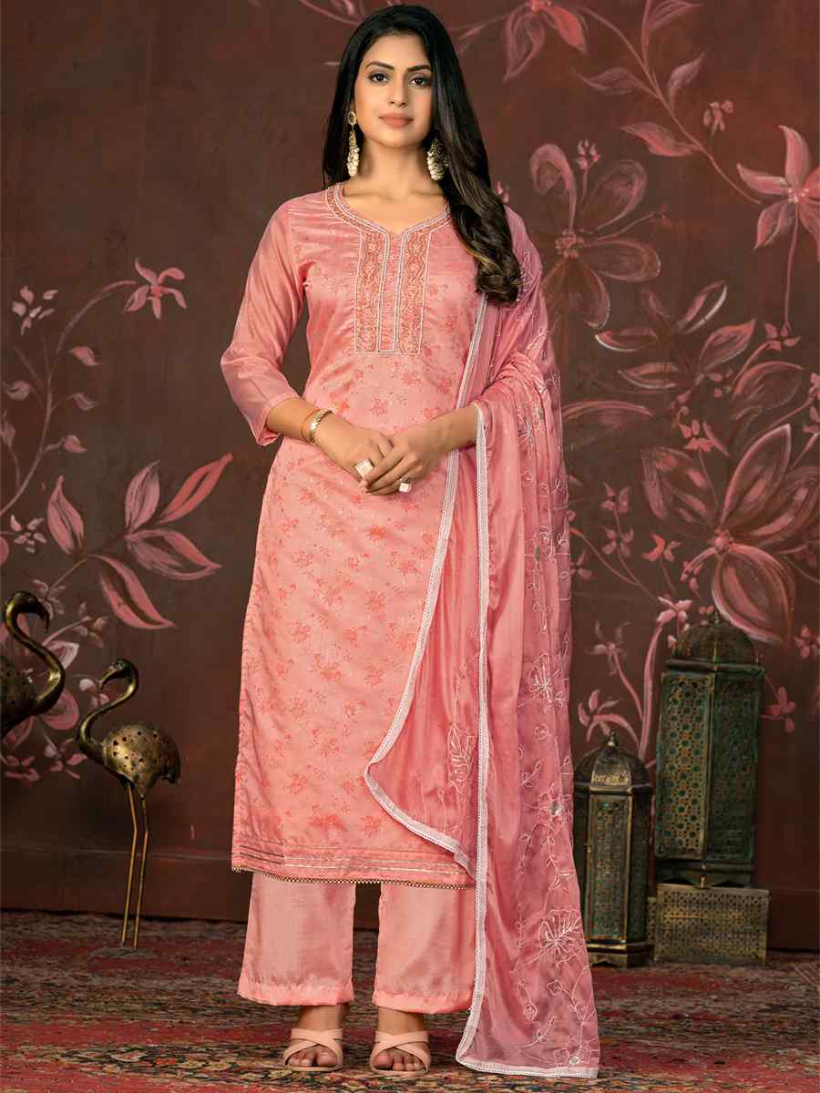 Peach Cotton Jacquard Embroidered Casual Festival Pant Salwar Kameez