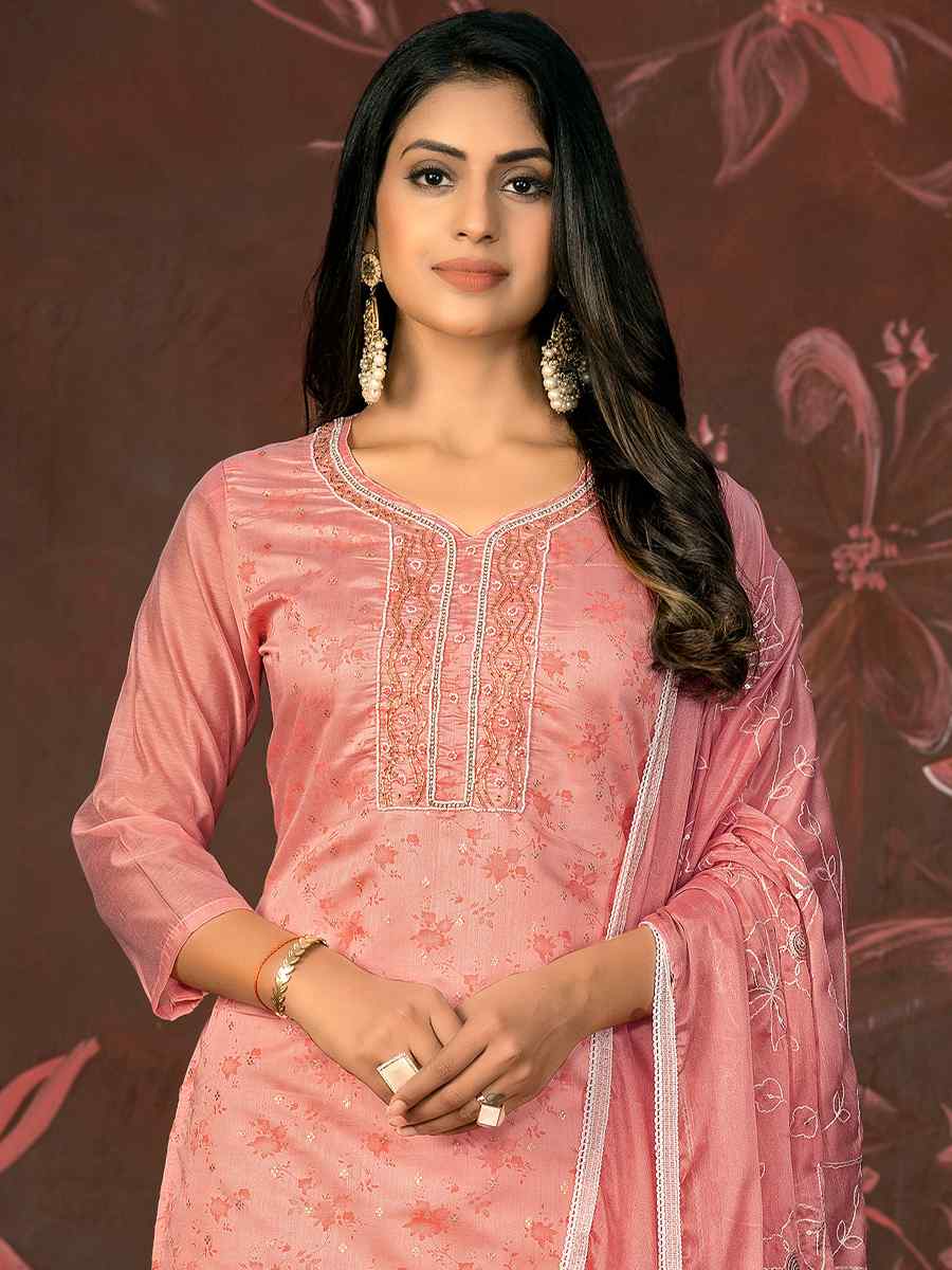 Peach Cotton Jacquard Embroidered Casual Festival Pant Salwar Kameez